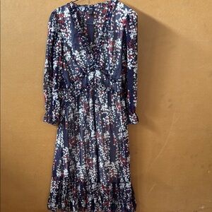 SHEIN Blue and White Wrap Sundress with Bishop Sleeves